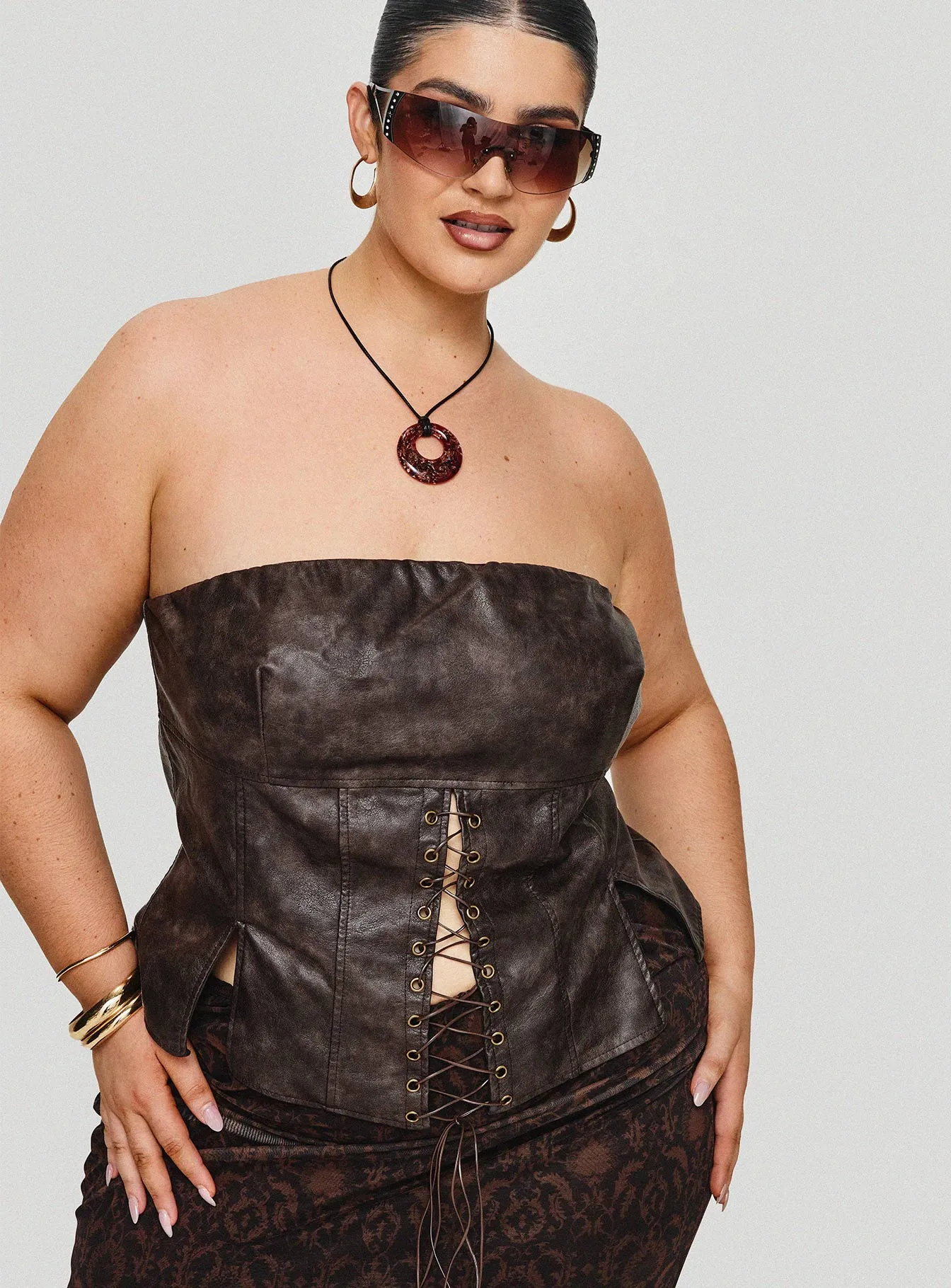 Strapless Faux Leather Top Brown