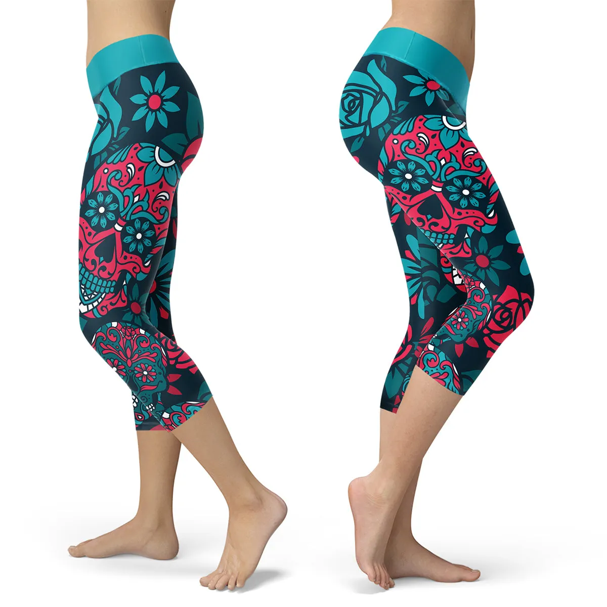 Sugar Skull Capris in Turquoise and Red