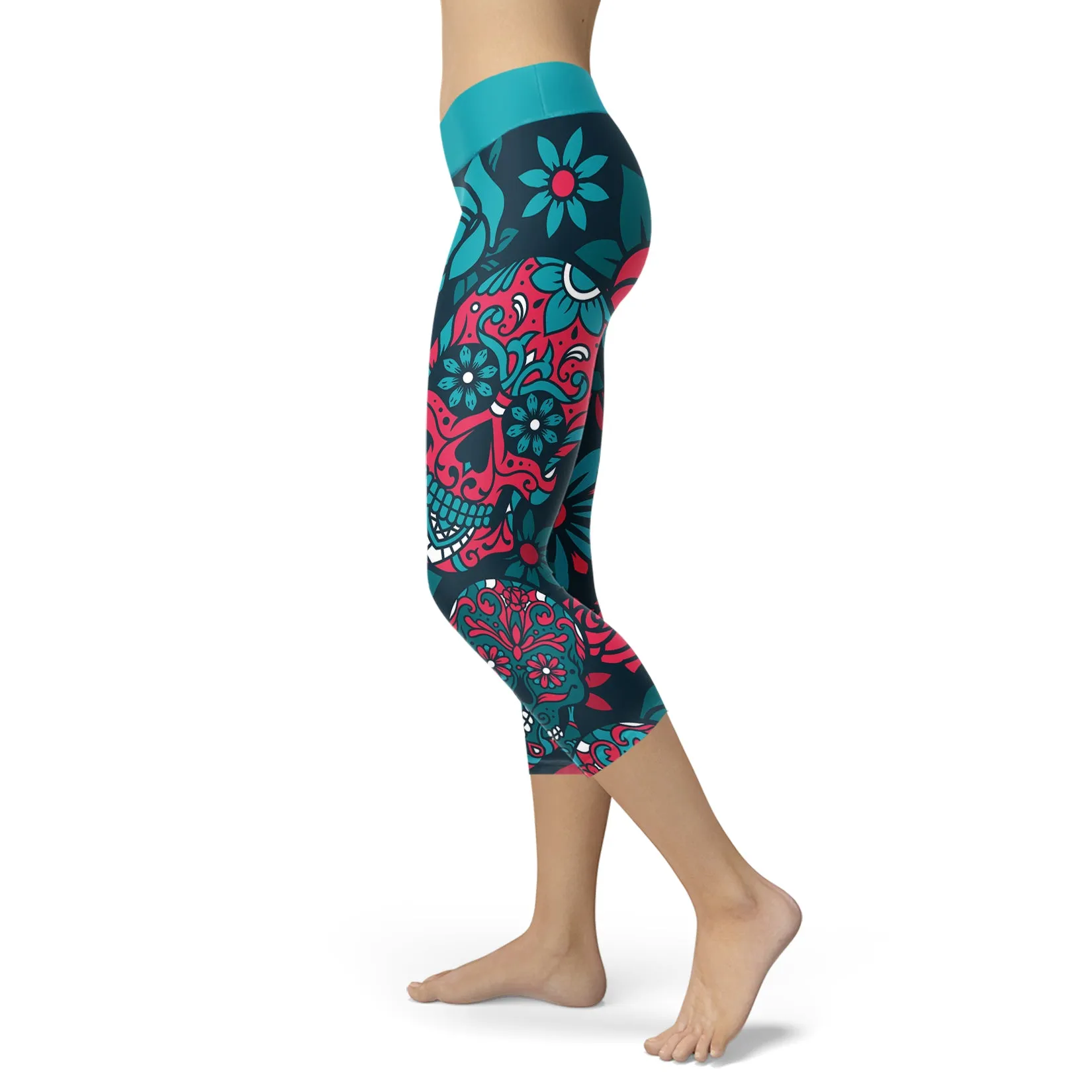 Sugar Skull Capris in Turquoise and Red