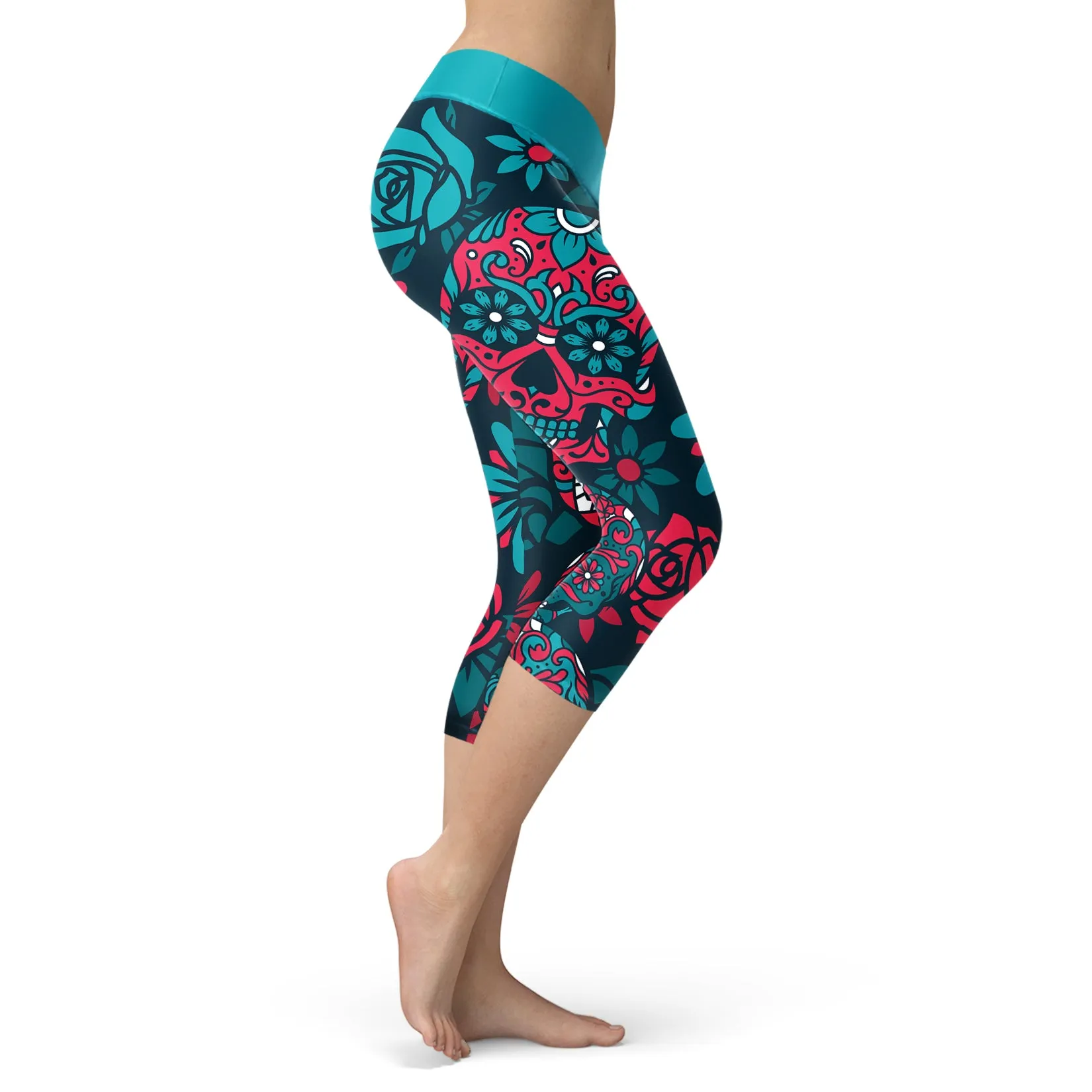 Sugar Skull Capris in Turquoise and Red