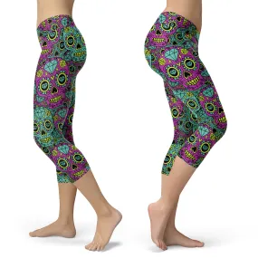 Sugar Skull Patterned Teal and Purple Capris