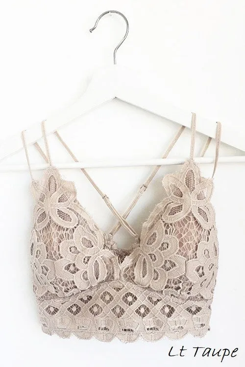 Taupe lace bralette.