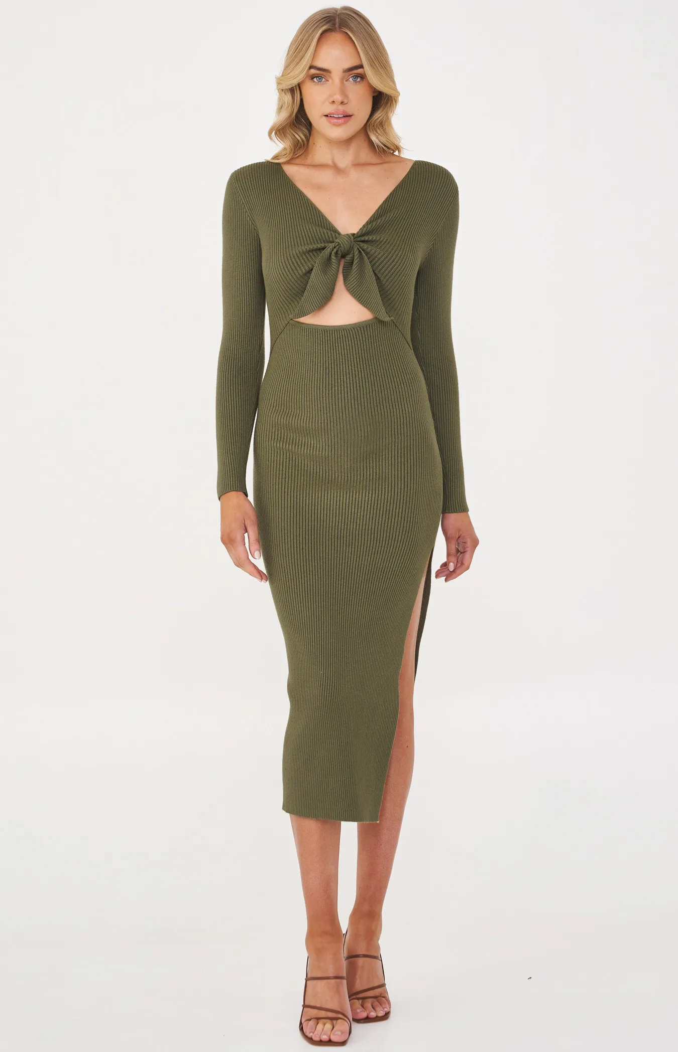 Tie Front Knit Midi Dress with Side Split (SKN598)