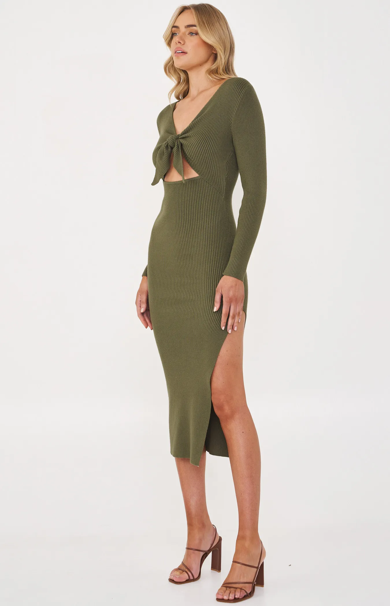 Tie Front Knit Midi Dress with Side Split (SKN598)