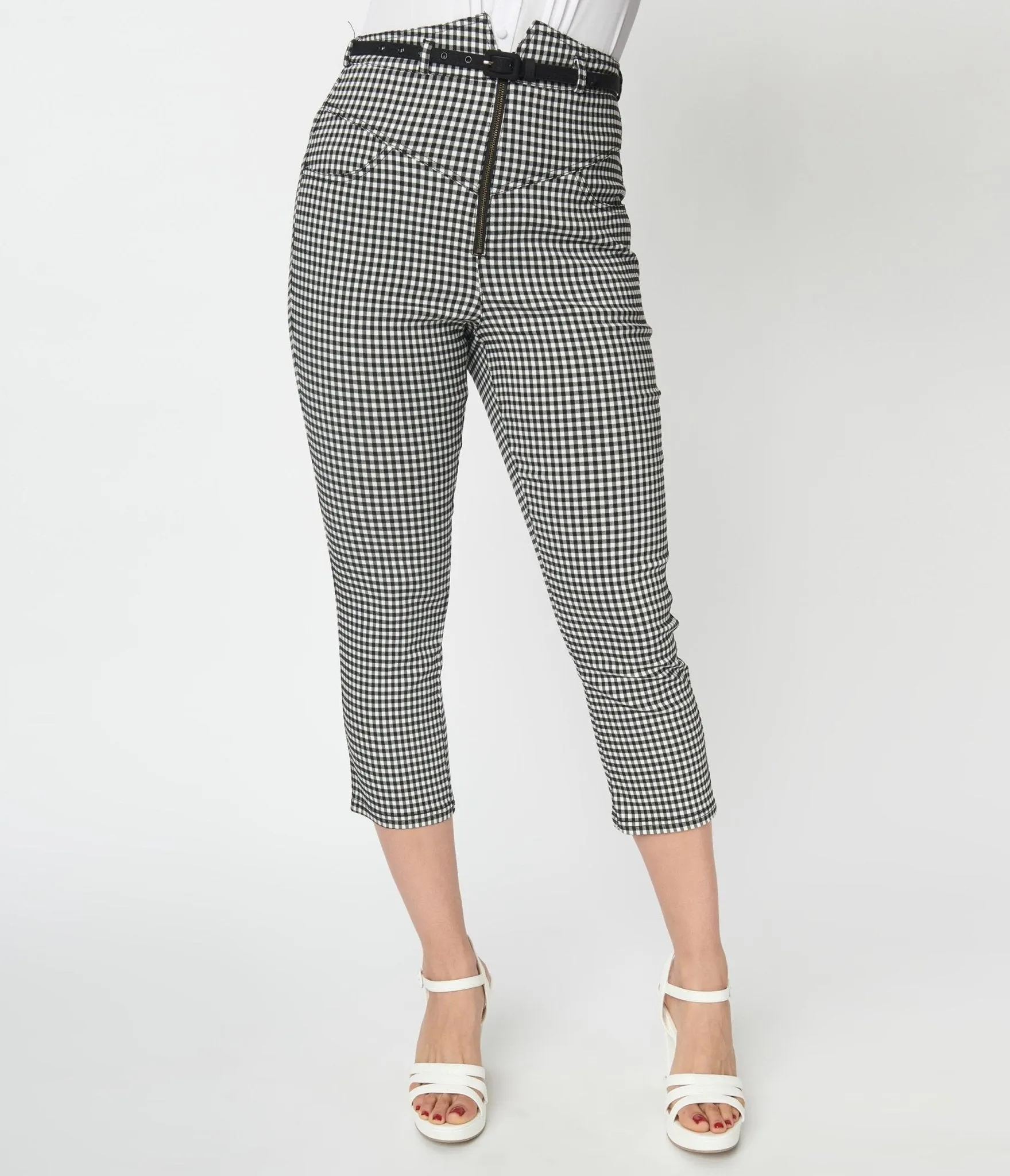 Vintage Black White Gingham Capris With Yoke Waist - Unique and Stylish