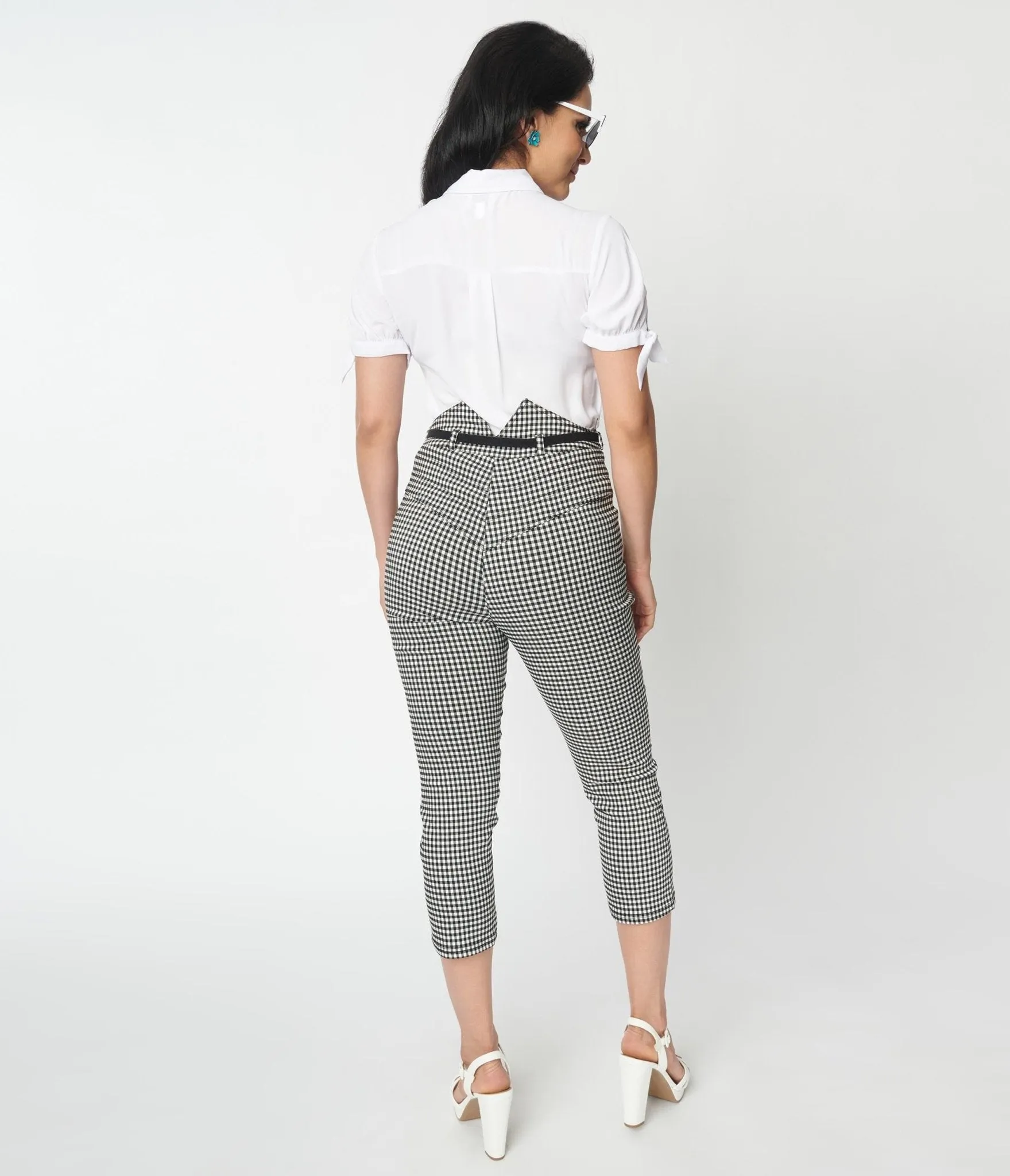 Vintage Black White Gingham Capris With Yoke Waist - Unique and Stylish