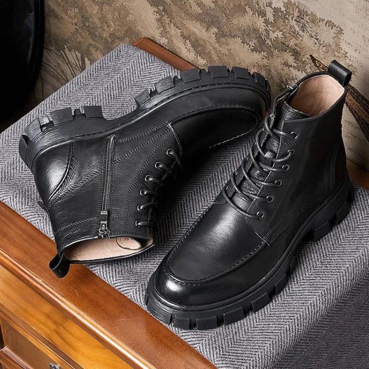 Winter Men's Thick Platform High Top Lace Up Genuine Leather Ankle Boots.