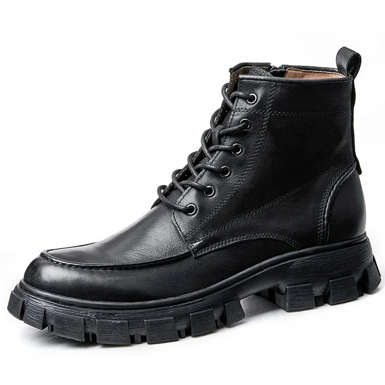 Winter Men's Thick Platform High Top Lace Up Genuine Leather Ankle Boots.