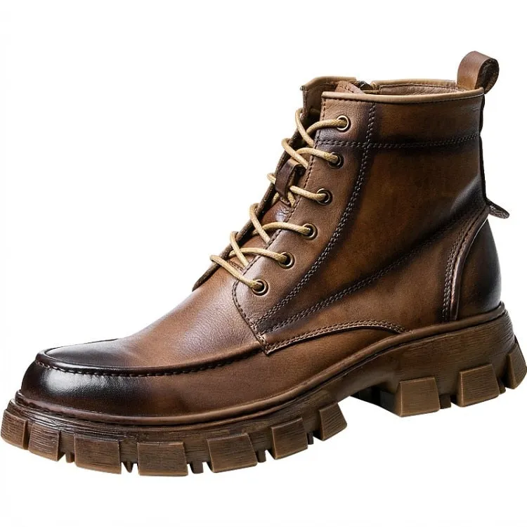 Winter Men's Thick Platform High Top Lace Up Genuine Leather Ankle Boots.