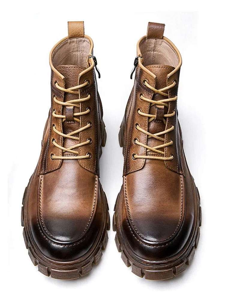 Winter Men's Thick Platform High Top Lace Up Genuine Leather Ankle Boots.