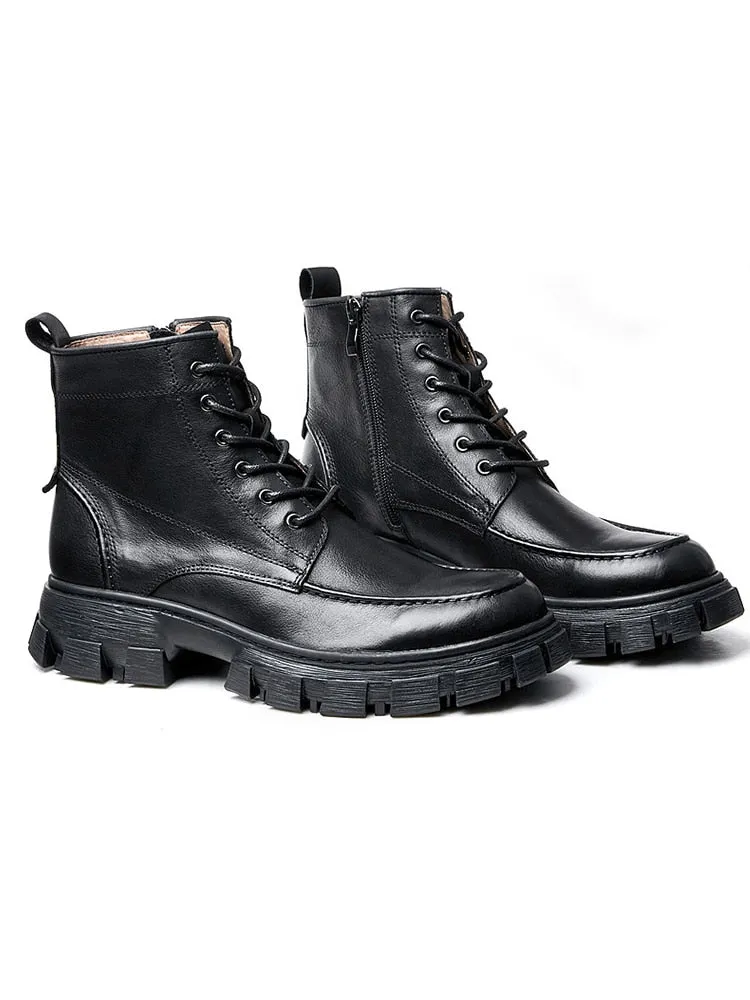 Winter Men's Thick Platform High Top Lace Up Genuine Leather Ankle Boots.