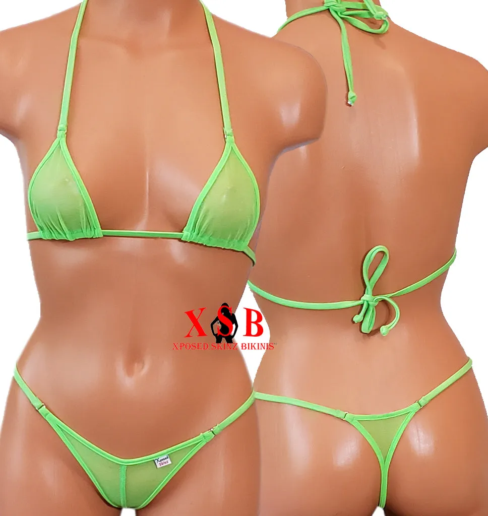 Xposed Skinz Bikinis lime sheer mesh thong triangle back